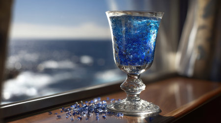 A stunning blue beverage in an elegant glass, set against a beautiful ocean view. The sparkling drink reflects light and adds a refreshing vibe to the scene, perfect for summer.の素材