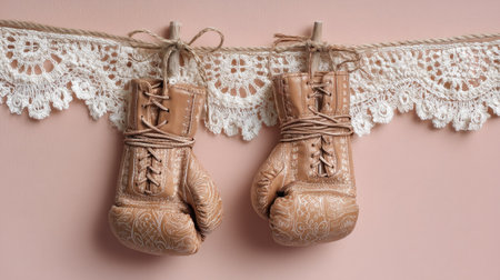 Two vintage boxing gloves hang elegantly on a decorative lace backdrop, creating a charming blend of sport and artistry against a soft pink wall.の素材