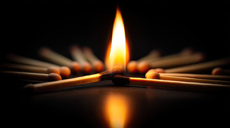 A vivid close-up image of a single match igniting among a circle of matches, creating a stark contrast against the dark background. The warm glow highlights the potential and energy of fire.の素材
