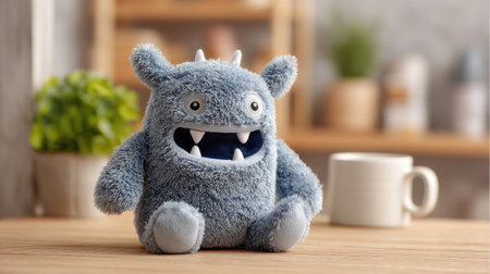 This charming blue monster plush toy features a big smile and soft texture, perfect for cuddles and imaginative play. A delightful addition to any child's room.の素材
