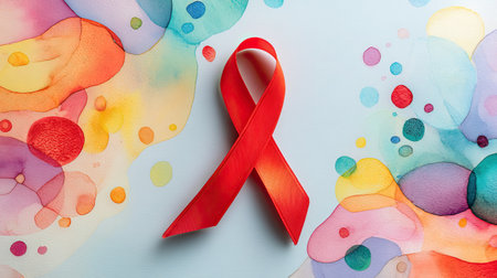 A striking red ribbon sits against a colorful abstract background, symbolizing awareness and support for various causes. Perfect for campaigns and initiatives.の素材