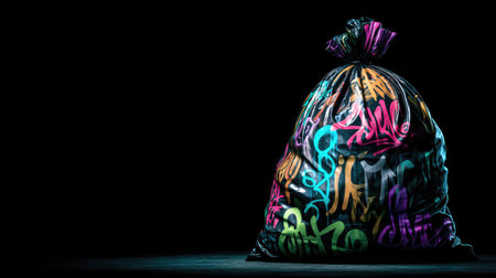 This image features a black trash bag adorned with vibrant graffiti art against a dark background, showcasing urban creativity and contemporary street art aesthetics.の素材
