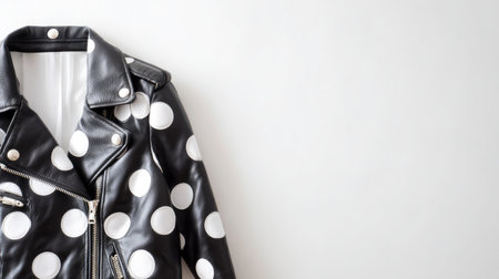 Discover a trendy black leather jacket featuring bold white polka dots against a neutral background, perfect for elevating any outfit or seasonal wardrobe.の素材