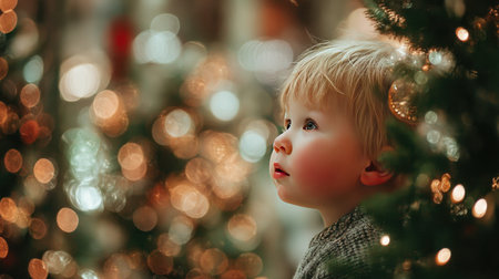 A young child gazes in wonder at twinkling Christmas lights, surrounded by festive decorations, capturing the essence of holiday joy and innocence.の素材