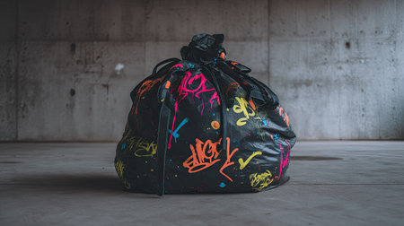 A vibrant black bag covered in colorful graffiti sits on a concrete floor, creating a striking visual contrast in an urban space. Ideal for modern design themes.の素材