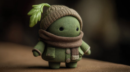 This adorable green plush toy features a cozy hat and scarf, making it a delightful addition for children's gifts and decor. Its charming design evokes warmth and joy.の素材