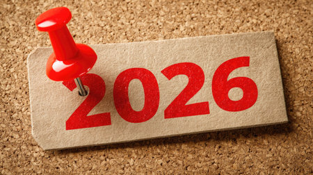 Visual representation of a red pushpin attached to a cardboard tag featuring the year 2026, perfect for reminders, organizational tasks, and planning visuals.の素材
