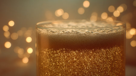 A close-up view of a sparkling beverage in a clear glass, showcasing effervescent bubbles rising against a soft bokeh background, ideal for festive occasions.の素材