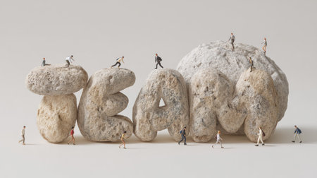 This creative image showcases miniature people interacting with stone letters that form the word "TEAM," symbolizing collaboration and unity in professional settings.の素材