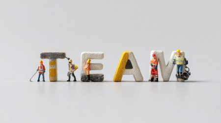 A creative scene showcasing miniature workers coordinating to form the word "TEAM" with colorful letters. This image embodies collaboration and unity in a playful style.の素材