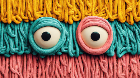 A vibrant close-up of colorful yarn textures featuring playful eyes. This whimsical textile art showcases creativity and fun with soft materials and bright hues.の素材