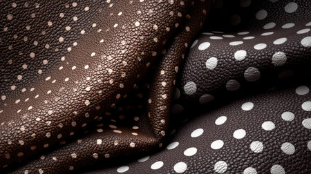 Gorgeous close-up of textured brown leather adorned with white polka dots, perfect for fashion and design projects. Explore the luxurious feel and aesthetic appeal for various applications.の素材