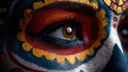 This striking close-up image showcases intricate makeup art on a face, highlighting vibrant colors that celebrate cultural heritage. The detail in the eye captures emotion and creativity.の素材