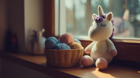 A charming unicorn toy sits alongside a basket of colorful yarn on a sunlit windowsill, creating a cozy and playful atmosphere perfect for crafting and creativity.の素材