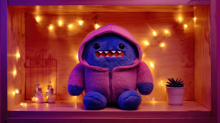 Adorable plush monster toy sits in a cozy nook, surrounded by soft lights. Perfect for adding a playful touch to any room or as a charming gift.の素材