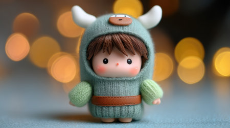 A charming doll wearing a cozy green sweater and horns, set against a dreamy bokeh background, perfect for conveying childhood joy and imagination.の素材