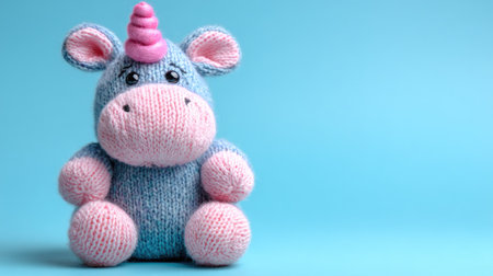 Adorable knit unicorn toy sits against a soft blue background, perfect for gifts, nursery decor, or playtime. Ideal for inspiring creativity and joy in children.の素材