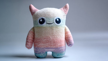 This charming pastel plush toy features large eyes and a joyful smile, perfect for children's rooms, gifts, or decoration. A unique, handcrafted design.の素材