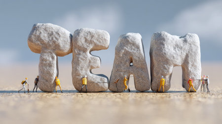 A creative depiction of teamwork, featuring miniature figures supporting large stone letters spelling "TEAM." This concept symbolizes collaboration and unity.の素材