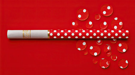 This vibrant red decorative item features playful polka dots and glistening water droplets, creating a cheerful and artistic visual appeal. Perfect for festive themes.の素材