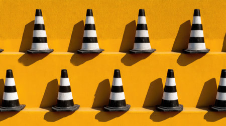 This striking image features a neat arrangement of black and white traffic cones against a vibrant yellow background, highlighting safety and urban design.の素材