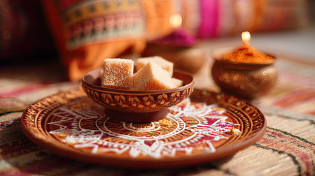 This image features a beautifully arranged plate with sweets and spices, set against a vibrant backdrop, perfect for festive celebrations and cultural traditions.の素材