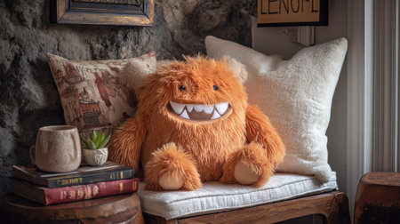 A cute and fluffy orange plush monster sits on a cozy chair, surrounded by decorative pillows. This whimsical scene brings warmth and joy to any indoor space, perfect for a childの素材