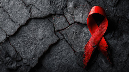 A striking red ribbon lies on a textured dark stone surface, symbolizing awareness and hope for health causes. This image captures the essence of support and unity in challenging times.の素材