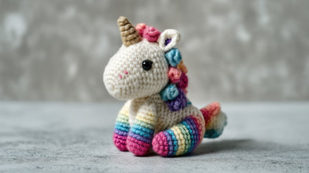 This delightful crochet unicorn toy, with vibrant colors and soft textures, adds a cheerful touch to any space. Perfect for gifts or decor, this handmade piece embodies creativity.の素材