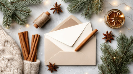 A warm and inviting flat lay featuring an envelope, cinnamon sticks, and greenery, perfect for holiday decorations or seasonal invitations.の素材