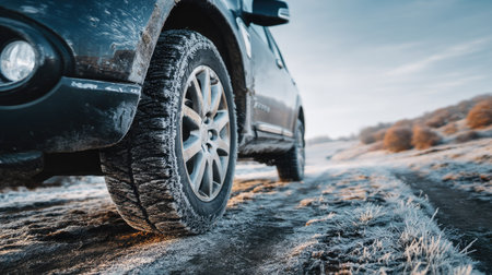 A close-up view of a car tire on a frosty dirt road during winter morning light. The crisp landscape emphasizes adventure and exploration.の素材