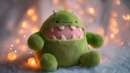 This adorable green plush monster toy brings joy with its happy expression and soft fur. Perfect for children's decor or playful gifts, it radiates whimsy.の素材