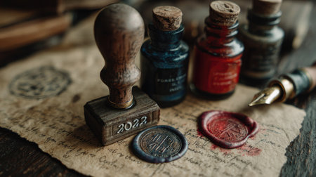 Close-up of a vintage wax seal stamp with ink bottles on an antique letter, showcasing rich textures and colors perfect for artistic, creative projects.の素材