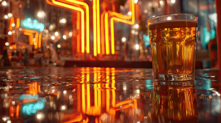 A close-up of a glass of beer resting on a bar counter, reflecting vibrant neon lights, creating a lively atmosphere perfect for nightlife and social gatherings.の素材