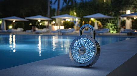 A shiny padlock stands near a luxurious pool, showcasing unique blue illumination. This image captures the essence of security amidst a serene vacation setting.の素材