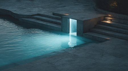 A serene night scene showcases a calm pool with subtle illumination from a glowing doorway, inviting tranquility and relaxation amidst modern architectural beauty.の素材