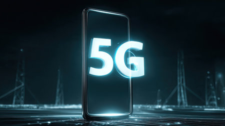 A modern smartphone showcases the illuminated 5G symbol against a digital landscape, representing advanced wireless technology and communication breakthroughs.の素材
