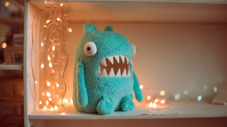 This adorable teal plush monster toy features bright eyes and sharp teeth, creating a whimsical character perfect for home decoration or as a playful gift.の素材