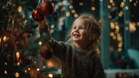 A cheerful child decorates a Christmas tree with bright ornaments and smiles, embodying the joy of the holiday season in a warm, cozy home setting.の素材