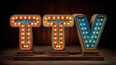 A captivating vintage lighted sign featuring the letters T, T, and V, glowing warmly against a dark backdrop, ideal for artistic and nostalgic themes.の素材