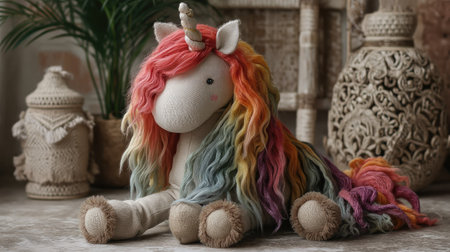 A colorful plush unicorn toy with a rainbow mane sits in a cozy room, bringing joy and comfort. Perfect for playful decor, gifts, and childhood imagination.の素材