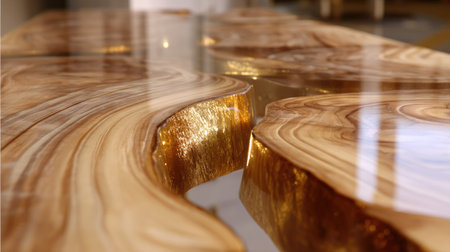 This stunning wood table features intricate resin accents, blending natural beauty with modern design. Perfect for elegant interiors and artistic spaces.の素材