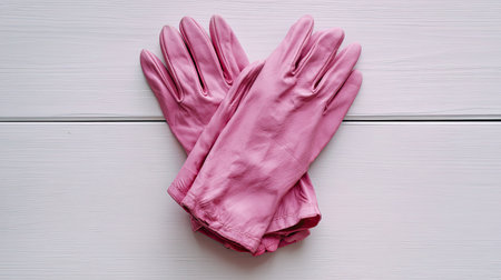 A pair of pink rubber gloves neatly placed on a white surface, ideal for various household cleaning tasks while providing protection and comfort during use.の素材
