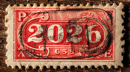 An authentic vintage postage stamp featuring the year 2026 and intricate design details. Perfect for collectors, historians, and enthusiasts of philately.の素材