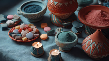 Explore a vibrant display of colorful spices and assorted candies in traditional containers. This artistic arrangement highlights texture and vivid colors, perfect for culinary and cultural themes.の素材