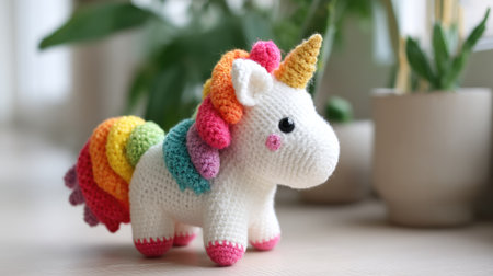 This delightful crochet unicorn toy features a vibrant rainbow mane and soft, cuddly texture. Perfect for decor or as a charming gift for children!の素材