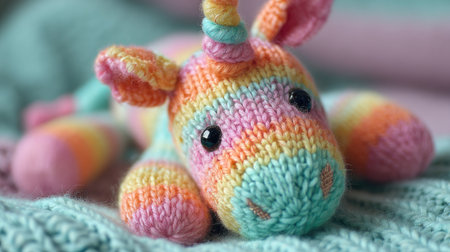A vibrant knitted unicorn toy with soft pastel colors, nestled on a cozy textured background, perfect for brightening up any child's room or as a creative gift.の素材