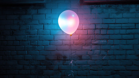 A vibrant balloon floats against a textured brick wall, illuminated in soft blue and pink light. This image captures the essence of celebration, whimsy, and creativity.の素材