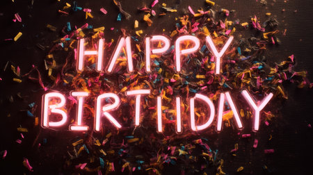 A vibrant neon sign reading "Happy Birthday" surrounded by colorful confetti, perfect for capturing the joyful spirit of birthday celebrations and events.の素材