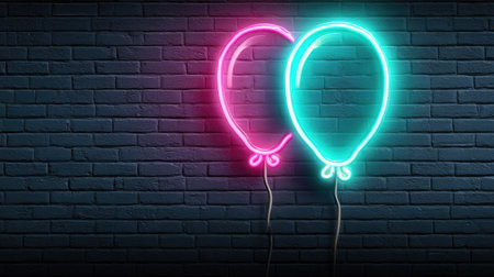 Bright neon balloons in pink and blue glow against a textured dark brick wall, creating a vibrant and festive atmosphere perfect for celebrations.の素材
